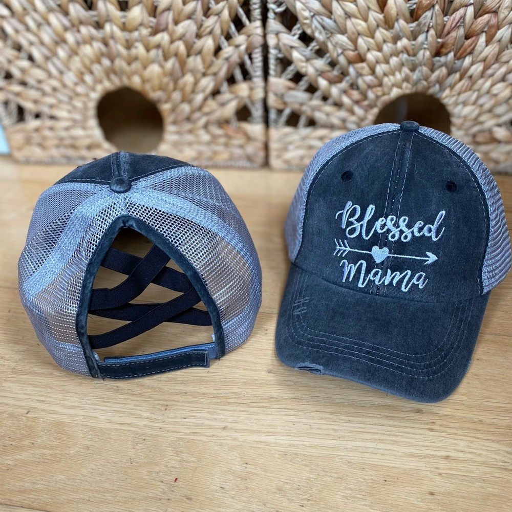 NWT “Blessed Mama” Ponytail Trucker Hat